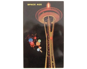 Vintage Space Needle Postcard Seattle Postcard Space Age Seattle World's Fair, Vintage Sputniks Night Scene Seattle Washington Postcard