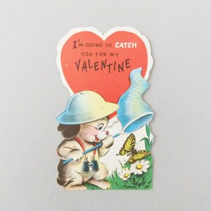 Vintage Dog Valentine, I&#39;m Going To Catch You For My Valentine, Butterfly Valentine Mid Century Valentine Card, Unused Vintage Valentine Dog
