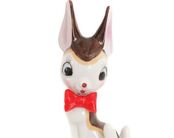 Vintage Deer Figurine, Red Bow Tie, Big Eyes, Mid Century Christmas Deer Porcelain Japan Reindeer Figurine, Anthropomorphic Animal Figurines