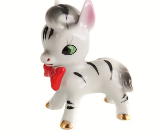 Baby Zebra Figurine with Red Bow Tie, Porcelain, Vintage Zebra Figure, Japan Zebra