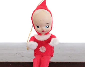 Mini Pixie Figure, Vintage Pixie Ornament, Red Felt Poseable Pixie Figurine, 1960's Kitsch Christmas Decoration Decor, Miniature Pixie