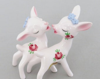 Kissing Deer Salt and Pepper Shakers, Vintage White Japan Deer, Fawn Figurines, Unique Valentine Gift