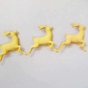 Yellow Flocked Reindeer Ornaments, Vintage Reindeer Ornaments, Plastic Reindeer, 1950&#39;s 1960&#39;s Christmas Decor, Flocked Deer