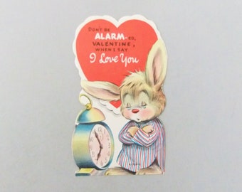 Unused Vintage Valentine, Don't be Alarmed, Alarm Clock Valentine, Sleepy Bunny Rabbit Valentine Card