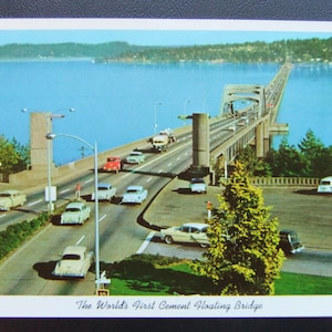 Cartão postal vintage de Seattle, cartão postal vintage não utilizado, cartão postal de carros dos anos 50, cartão postal de ponte flutuante Lake Washington