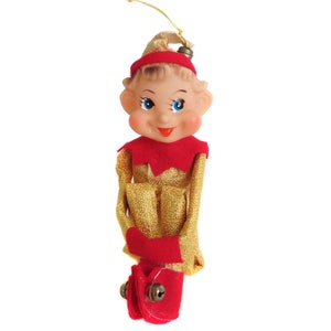 Vintage Pixie Elf Shelf Sitter, Elf Pixie, 1960&#39;s 1950&#39;s Christmas Decoration, Red Gold Metallic Pixie Elf Knee Hugger