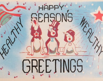 Vintage Christmas Postcard Unused, Happy Seasons Healthy Wealthy Greetings, Vintage Linen Christmas Postcard Christmas