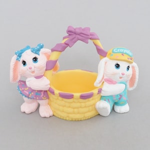 Rabbit Easter Decoration Hallmark White Pink Plastic Rabbit Figurines, Purple Bow, Yellow Easter Basket Gift, Kitsch Bunny Easter Decor
