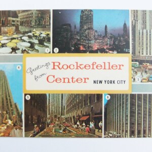 Cartolina d'epoca di New York City, saluti dal Rockefeller Center, Midtown Manhattan di notte, Radio City Music Hall, edificio di RCA