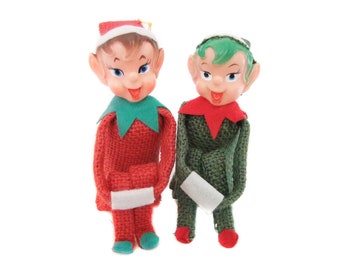 Knee Hugger Elves, Pixie Elf Shelf Sitters, rode en groene jute Kneehuggers, één met groen haar, Pixie Elves, vintage kerstelfen jaren 50