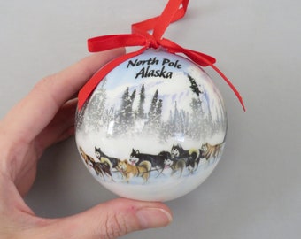 Vintage North Pole Alaska Ornament, Dog Sledding Ornament, Plastic Christmas Ornament, Husky Christmas Ornament, Sled Dogs Ornament