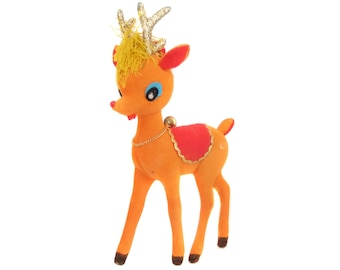 Rena reunida vintage, rena laranja, estatueta de rena de plástico, cervo de natal vintage, decoração de rena de natal kitsch
