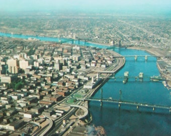 Vintage Portland Postcard, Ariel View Willamette River and Five Bridges, Unused Vintage Postcard, Portland Oregon Postcard