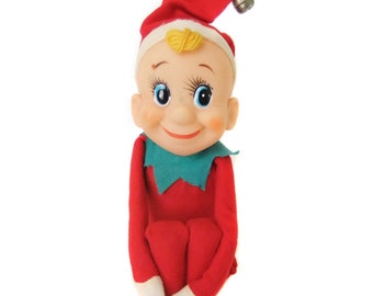 Large Vintage Knee Hugger Pixie Elf Shelf Sitter, Boy Elf Pixie Christmas Decoration, Red Green White Felt, Rubber Face, Knee Hugger Elf