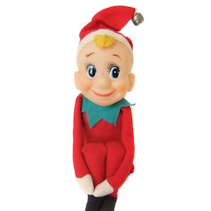 Large Vintage Knee Hugger Pixie Elf Shelf Sitter, Boy Elf Pixie Christmas Decoration, Red Green White Felt, Rubber Face, Knee Hugger Elf