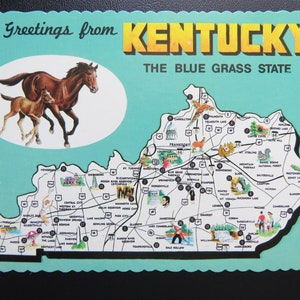 Cartolina del Kentucky, Cartolina d'epoca non utilizzata, The Blue Grass State, Mappa del Kentucky, Saluti dal Kentucky, Cartolina vintage Kentucky