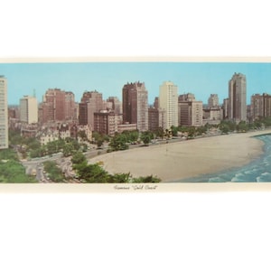 Gold Coast Chicago Postcard, Skyline Aerial View, Lake Michigan Beach Buildings Highways, Vintage Oversized 1960's Chicago Illinois Postcard