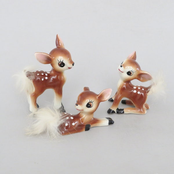 Vintage Deer Figurines with Fur Tails, Made in Japan, Spotted Fawn Figurines, Mid Century Knick Knacks, White Tail Deer Figures