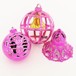 Vintage Pink Christmas Ornaments, Pink Plastic Ornaments, MCM Christmas Ornaments, Cage Ornament, Pink Bell Ornament, Pink Angel Ornament
