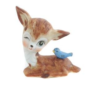 Vintage Fawn Figurine with Bluebird, Cute Winking Deer, Vintage Deer Figure