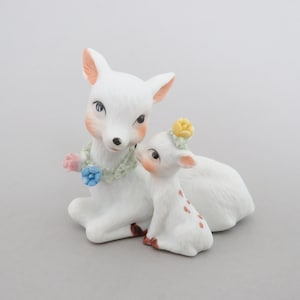 Miniature Deer Figurine, White Doe and Fawn Figurine, Napco Deer, Mom and Baby Deer Figure, Porcelain Bone China Deer Figurine