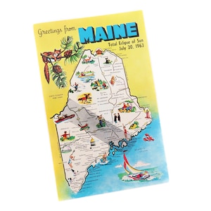 Postal vintage de Maine, postal del mapa del estado principal sin usar, 20 de julio de 1963 Eclipse total de sol, saludos desde la postal de Maine