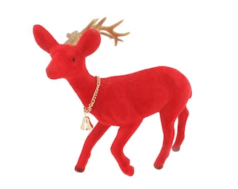 Rena vermelha flocada vintage, estatueta de veado de Natal, rena de plástico, decorações de Natal vintage dos anos 1950 e 1960