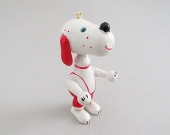 Enfeite vintage de madeira tipo Snoopy, enfeite de cachorro de madeira vermelha e branca, enfeite de cachorro de Natal vintage