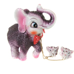 Vintage Elephant Figurines, Mom and Chained Babies Leash, Circus Animal Anthropomorphic Figurines, Pink Purple Elephant Nursery Room Decor