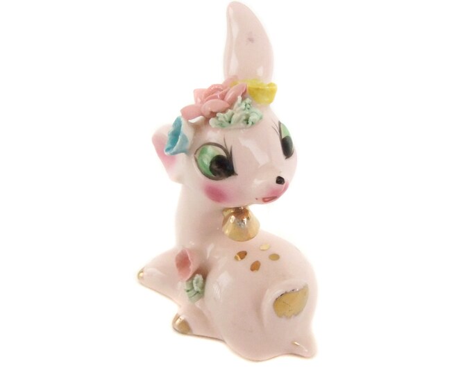 Vintage Pink Deer Figurine With Gold Bell and Flowers, Vintage Fawn