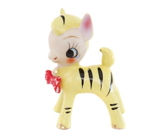Yellow Zebra Figurine with Red Bow Tie, Porcelain, Made in Japan, Vintage Zebra Figure