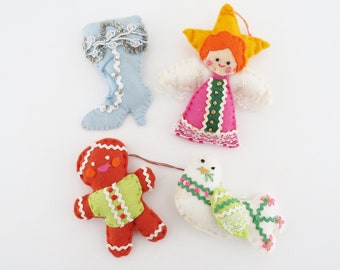 Vintage Christmas Ornament Lot, Handmade Felt Vintage Christmas Ornaments, Gingerbread Man, Boot, Dove Angel Christmas Ornaments