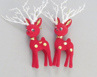 Red Flocked Reindeer Ornaments, Flocked Plastic Deer figurines, Kitsch Flocked Ornaments, Gold Bow Tie, Reindeer Christmas Ornaments