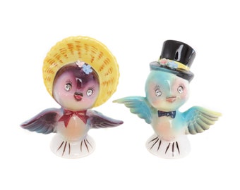 Anthropomorphe Bluebird Salz und Pfefferstreuer, Fliege Zylinder, Made in Japan, Strass Augen Kitsch Anthropomorphe Vogel Figuren