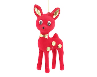 Red Flocked Reindeer Ornament, Flocked Plastic Deer figurine, Kitsch Flocked Ornament, Gold Bow Tie, Reindeer Christmas Ornament