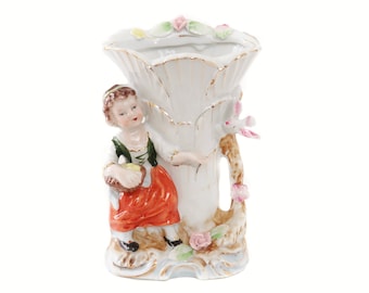 Vintage Decorative Vase, Girl Feeding Bird, Made in Japan Vase, Pink Flowers Ceramic Vase, Vintage Japan Flower Vase