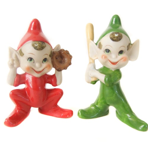 Baseball Pixie Elf Figurines, Porcelain Ceramic Pixie Elves, Batter, shops Catcher, 1950's 1960's Christmas Elf Figures, Baseball Fan Gift