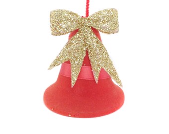 Vintage Flocked Bell Ornament, Red Flocked Christmas Bell Ornament with Gold Glitter Bow, Vintage Bell Ornament