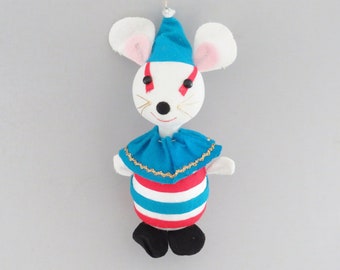 Vintage Mouse Ornament, Flocked Foam Mouse Clown Ornament, Vintage Kitsch Christmas Mouse Ornament