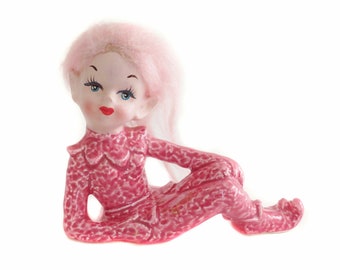 Vintage roze pixie-elfbeeldje, kerstdecor pixie elf uit het midden van de eeuw, keramische elf, roze elf vintage