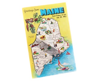 Vintage Maine Postcard, Unused Main State Map Postcard, July 20, 1963 Total Eclipse of Sun, Greetings From Maine Postcard