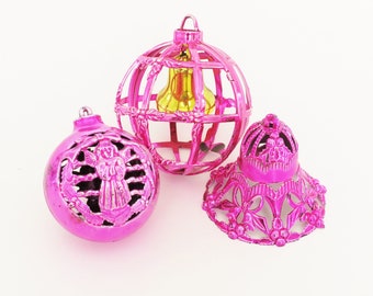 Vintage Pink Christmas Ornaments, Pink Plastic Ornaments, MCM Christmas Ornaments, Cage Ornament, Pink Bell Ornament, Pink Angel Ornament