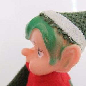 Knee Hugger Elves, Pixie Elf Shelf Sitters, Red & Green Burlap Kneehuggers one with Green Hair, Pixie Elves, Vintage 1950's Christmas Elves image 5