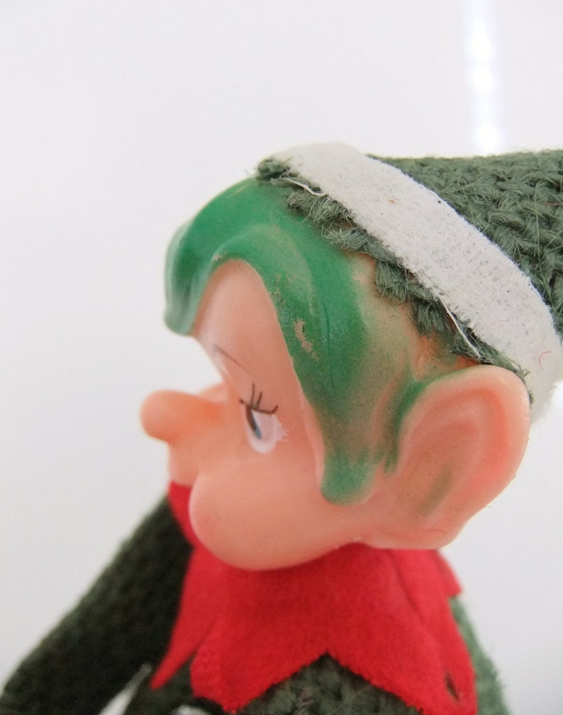 Knee Hugger Elves, Pixie Elf Shelf Sitters, Red & Green Burlap Kneehuggers one with Green Hair, Pixie Elves, Vintage 1950's Christmas Elves image 5