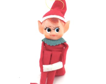 Small Vintage Pixie Elf Knee Hugger Ornament, Pointy Ear Elf, Red Hat and Outfit Green Collar White Gloves, 1960's Christmas Elf