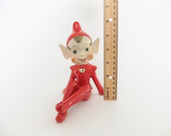 ビンテージ50s 妖精　天使　エルフ　ピクシー　キューピー　ミッドセンチュリー 1950年代の妖精の置物、陶器の妖精、赤いエルフの衣装、金色のハート