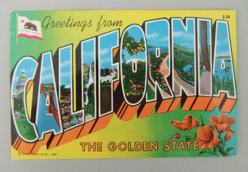Greetings From California Postcard Vintage Unused CA Postcard | Etsy