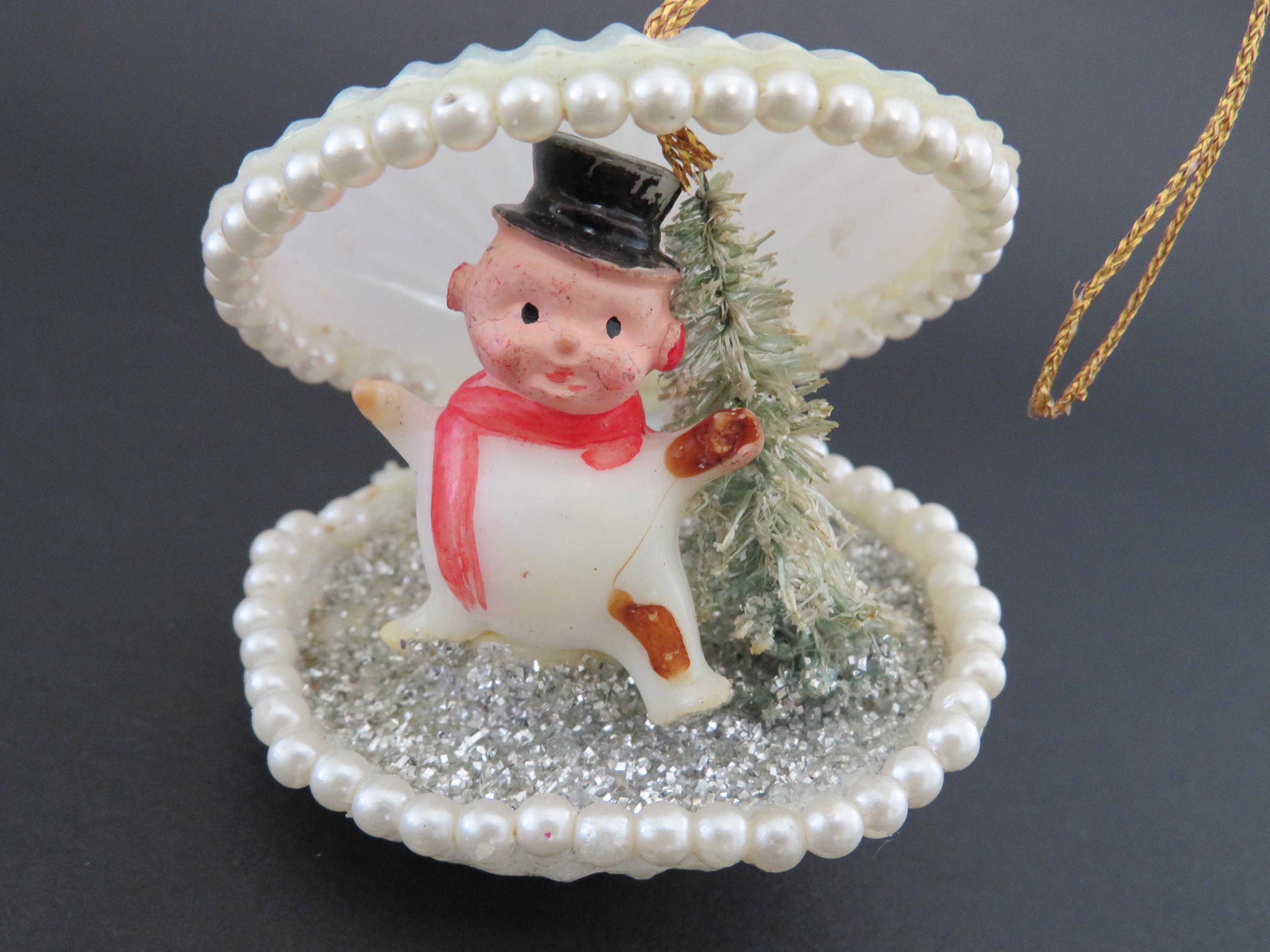 Vintage Shell Ornament, Miniature Plastic Snowman Figurine and