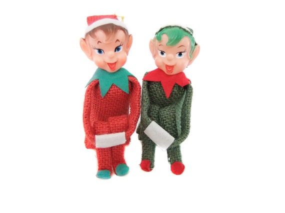 Knee Hugger Elves, Pixie Elf Shelf Sitters, Red & Green Burlap Kneehuggers one with Green Hair, Pixie Elves, Vintage 1950's Christmas Elves