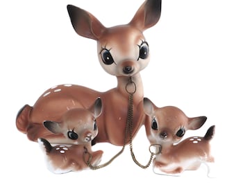 Ceramic Deer Figurines, Doe and Fawn Figurines, Chain Leashed Animal Figures, Mom and Baby, Deer Statues, Norleans Japan, Vintage Deer